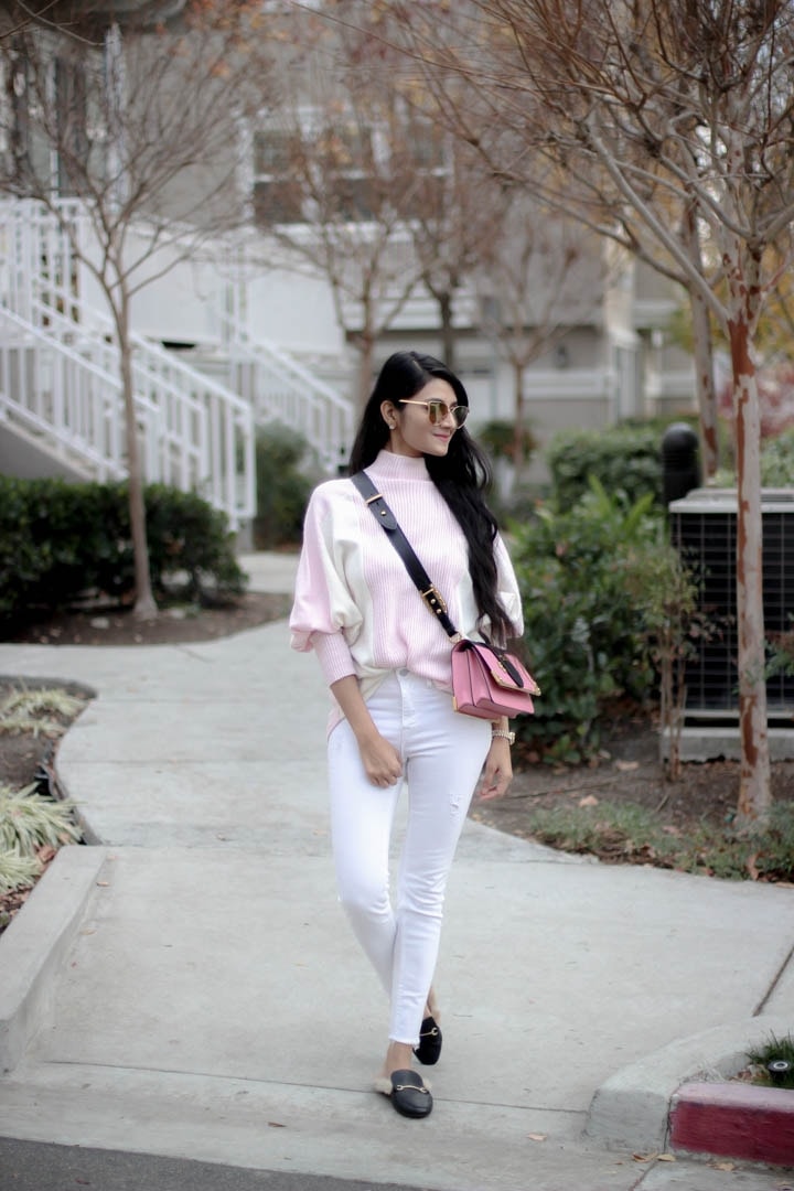Pink sweater paired with White denim