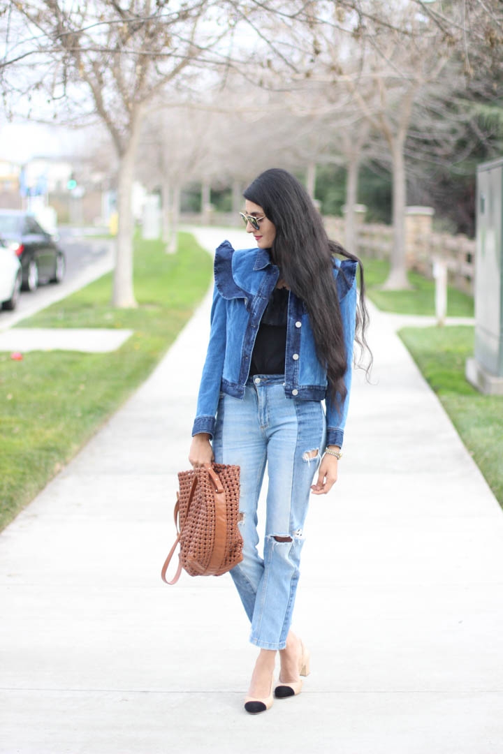 Ruffled denim jacket and tulle top