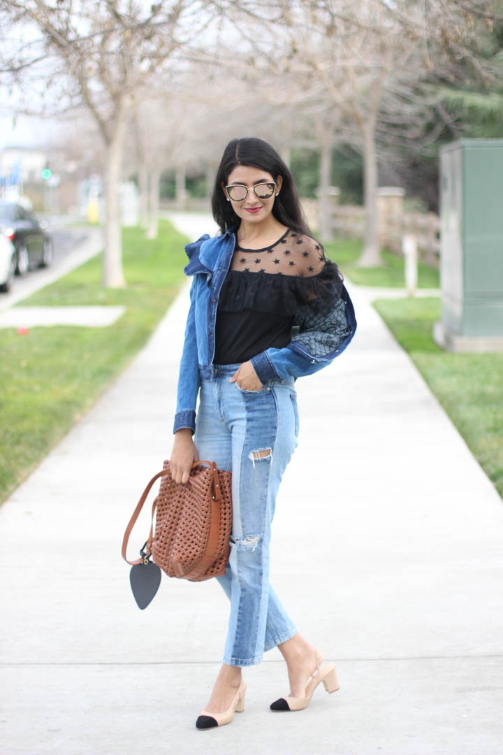 Ruffled denim jacket and tulle top