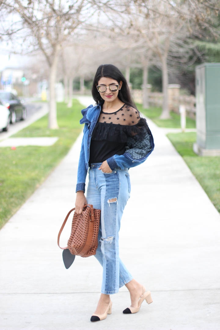 Ruffled denim jacket and tulle top