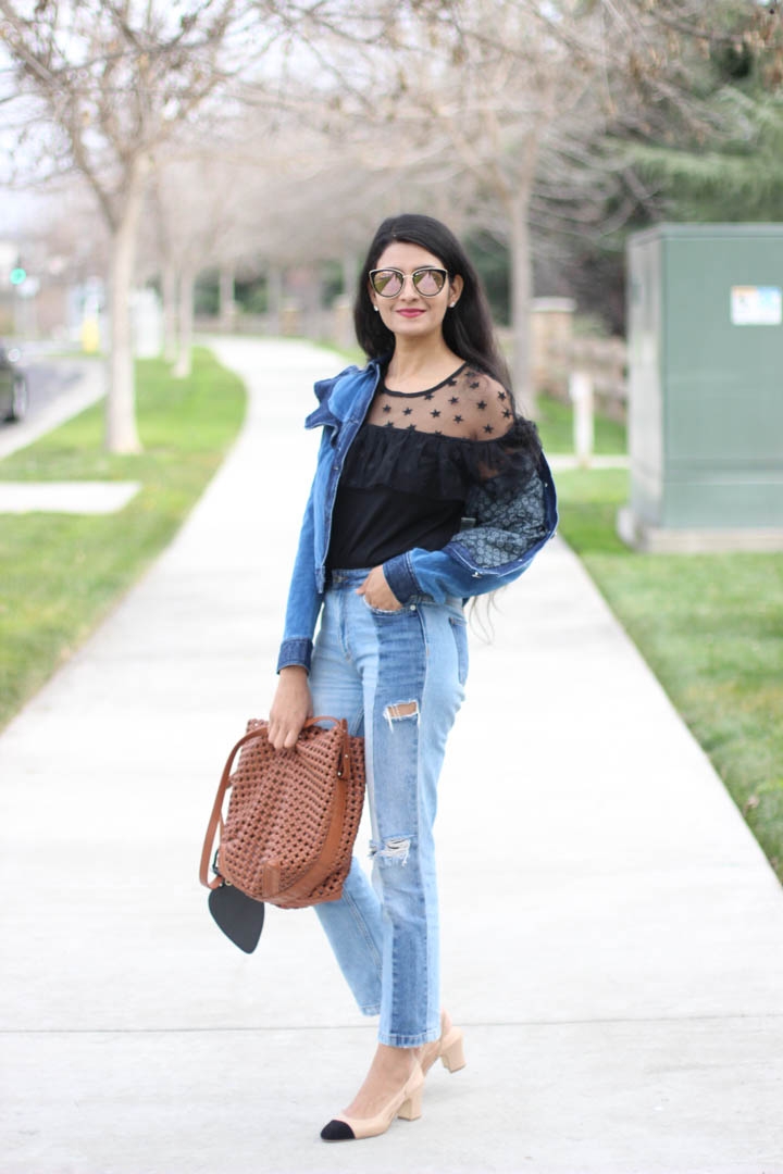 Ruffled denim jacket and tulle top