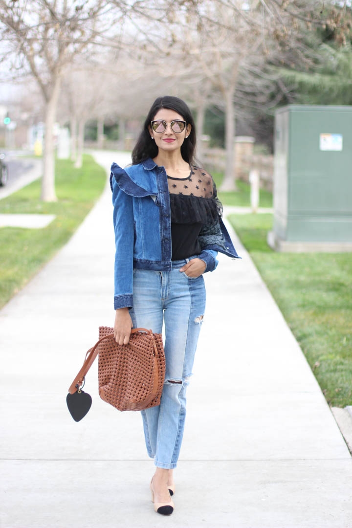 Ruffled denim jacket and tulle top