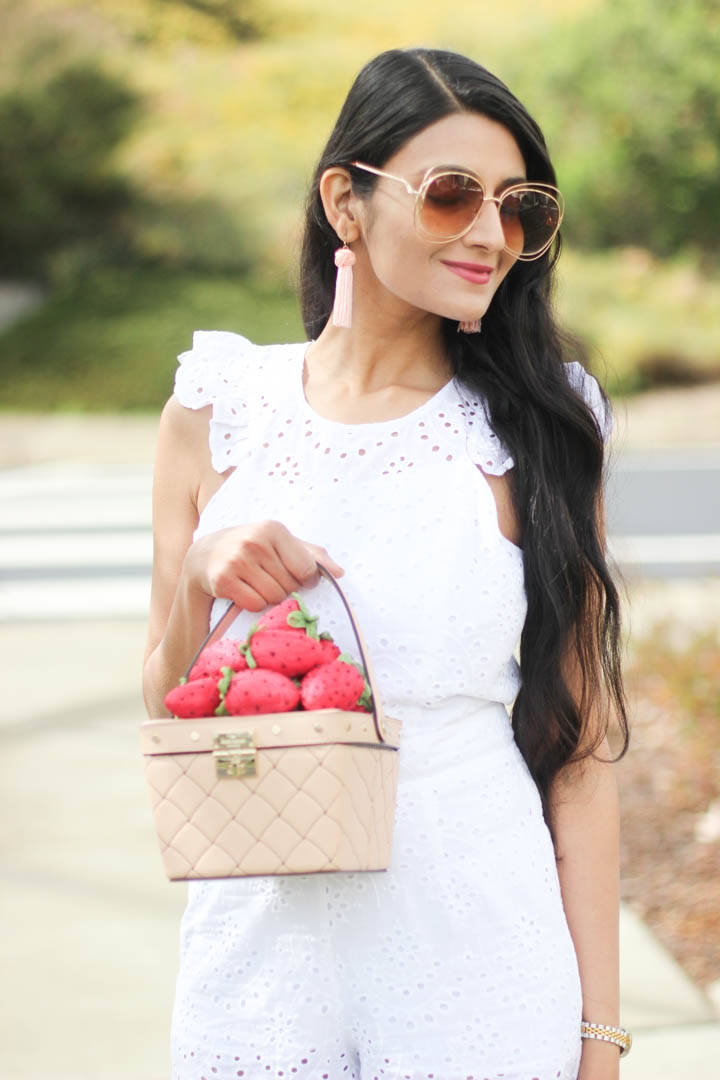 Eyelet Jumpsuit with strawberry bag